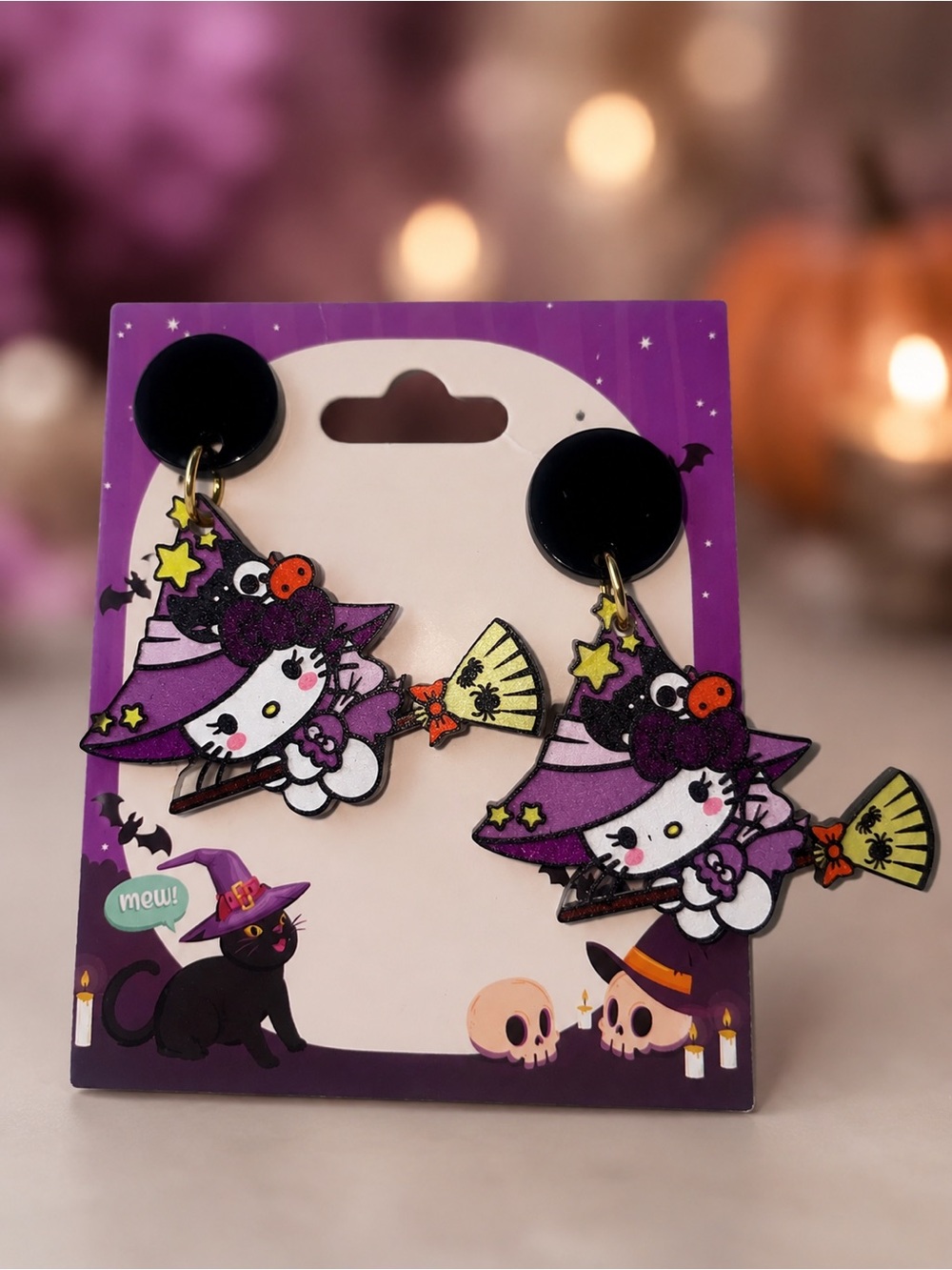 Sanrio Hello Kitty Purple Witch Cat Dangle Earrings